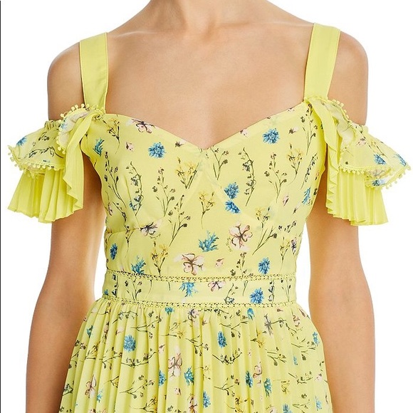 OPT Retsina Floral Print Pleated A-Line Midi Dress Size XS Yellow Cold Shoulder - Picture 3 of 13